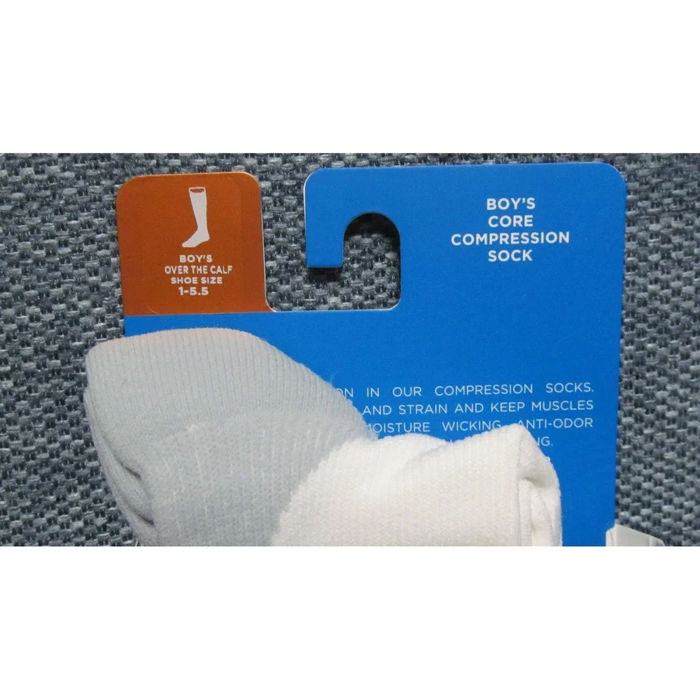 Tommie Copper Boy's Core Over The Calf Compression Socks White Gray Size 1-5.5